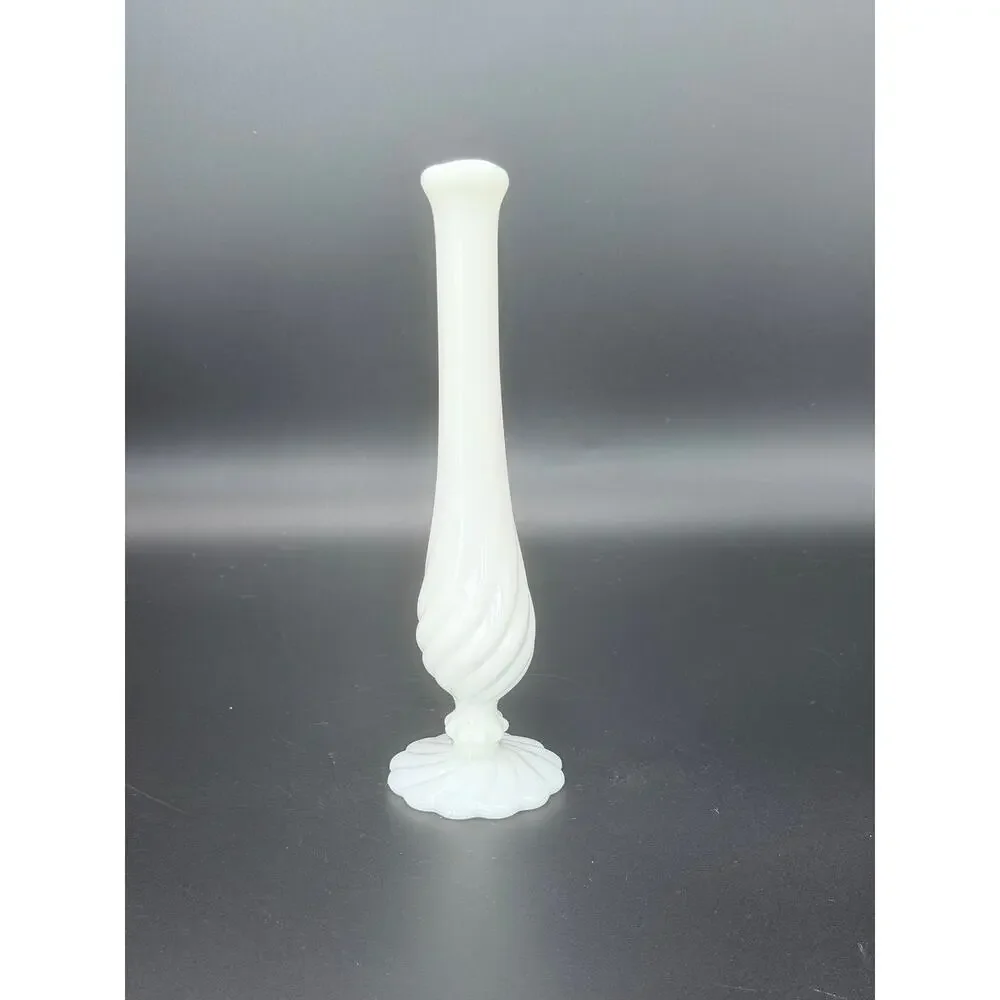 Vintage Fenton White Milk Glass Swirl Footed Bud Vase 9 Inch MCM